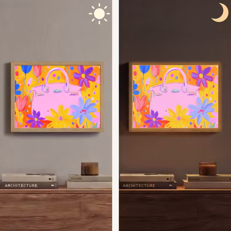 Tas - Roze - Bloemen Light Box met batterij (Wandlamp) middel -sfeer3