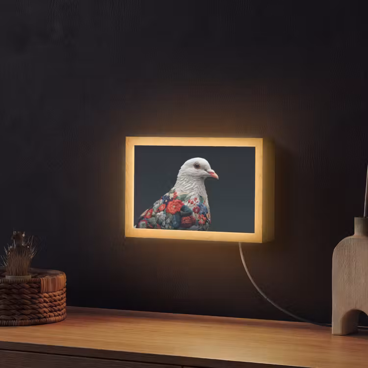 Duif - Bloemen - Wit - Zwart Light Box met kabel (Wandlamp) klein -sfeer1