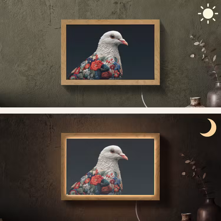 Duif - Bloemen - Wit - Zwart Light Box met kabel (Wandlamp) klein -sfeer3