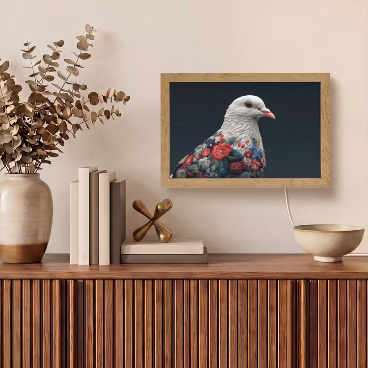 Duif - Bloemen - Wit - Zwart Light Box met kabel (Wandlamp) klein -sfeer2