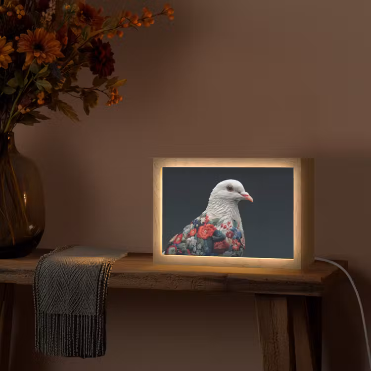 Duif - Bloemen - Wit - Zwart Light Box met kabel (Wandlamp) klein -sfeer4