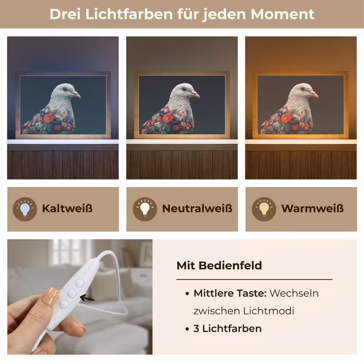Duif - Bloemen - Wit - Zwart Light Box met kabel (Wandlamp) klein -USP_lichtkleurDE