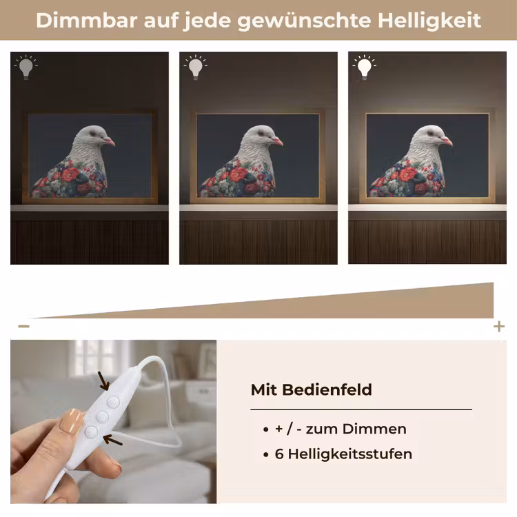 Duif - Bloemen - Wit - Zwart Light Box met kabel (Wandlamp) klein -USP_dimbaarDE