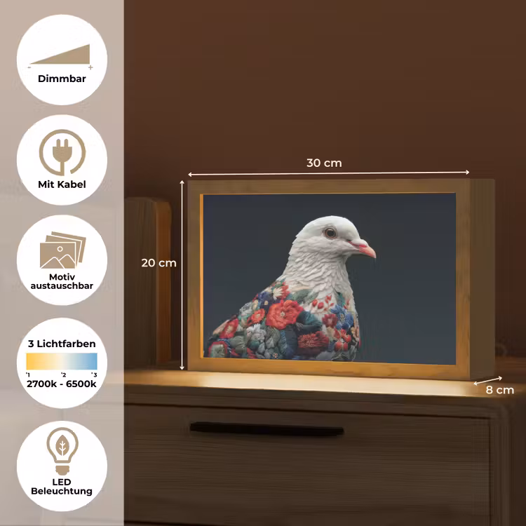 Duif - Bloemen - Wit - Zwart Light Box met kabel (Wandlamp) klein -USP_websiteoverzichtDE