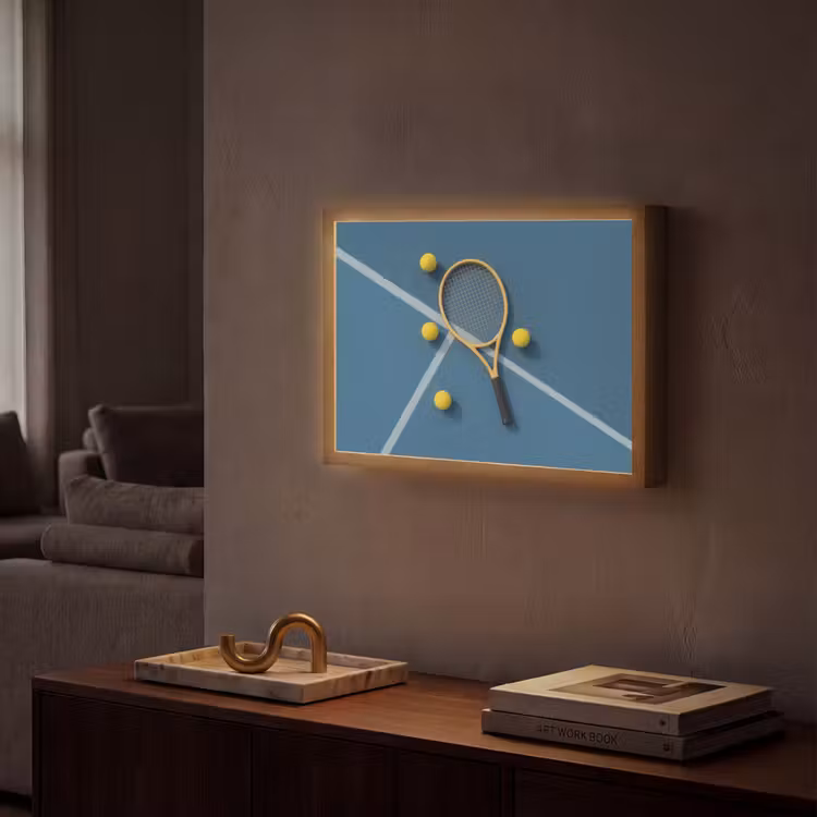Tennisracket - Bal - Blauw - Veld Light Box met batterij (Wandlamp) middel -sfeer1