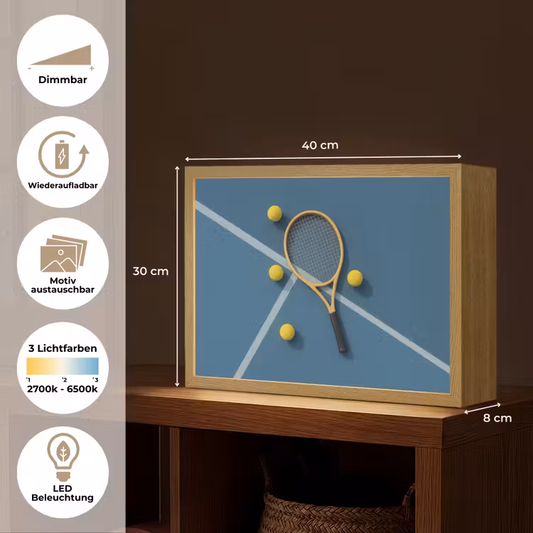 Tennisracket - Bal - Blauw - Veld Light Box met batterij (Wandlamp) middel -USP_websiteoverzichtDE