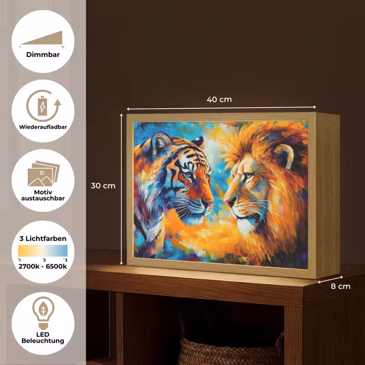 Dieren - Kunst - Leeuw - Tijger Light Box met batterij (Wandlamp) middel -USP_websiteoverzichtDE