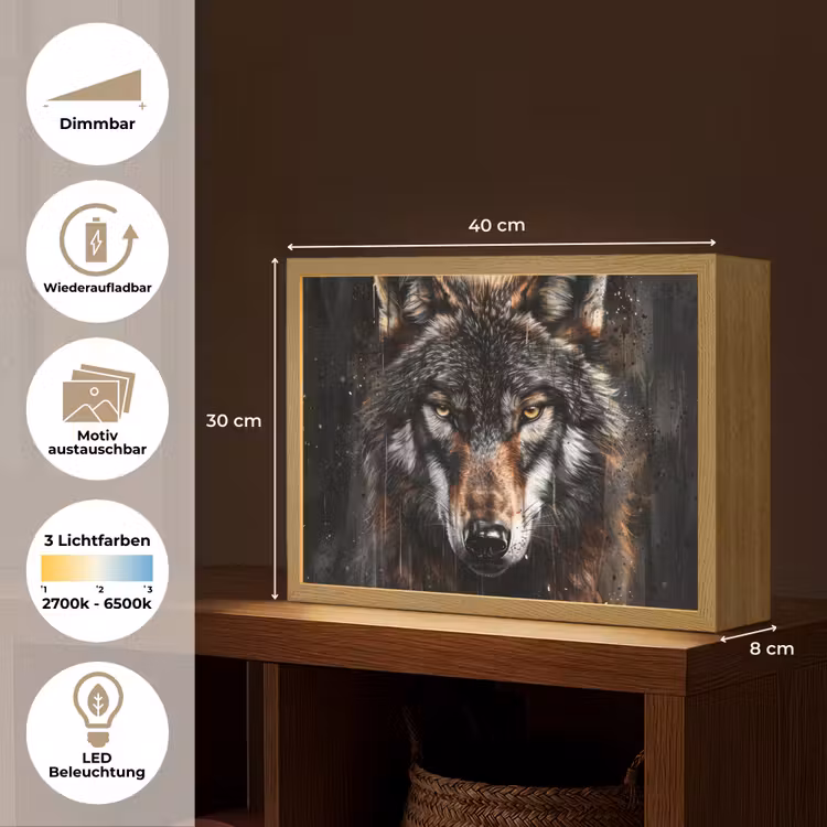 Dieren - Wolf - Portret - Zwart - Bruin Light Box met batterij (Wandlamp) middel -USP_websiteoverzichtDE