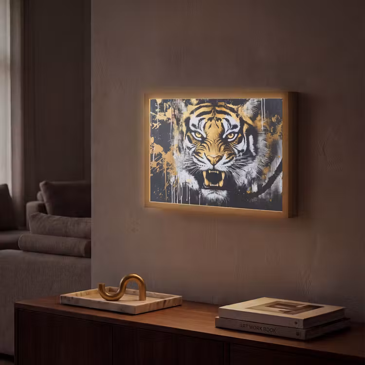 Tijger - Verfspatten - Goud Light Box met batterij (Wandlamp) middel -sfeer1