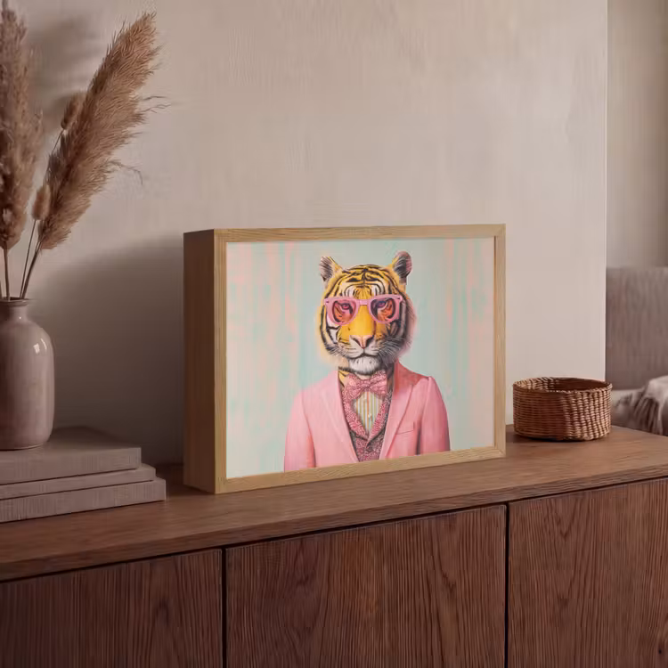 Tijger - Strik - Jasje - Roze Light Box met batterij (Wandlamp) middel -sfeer2