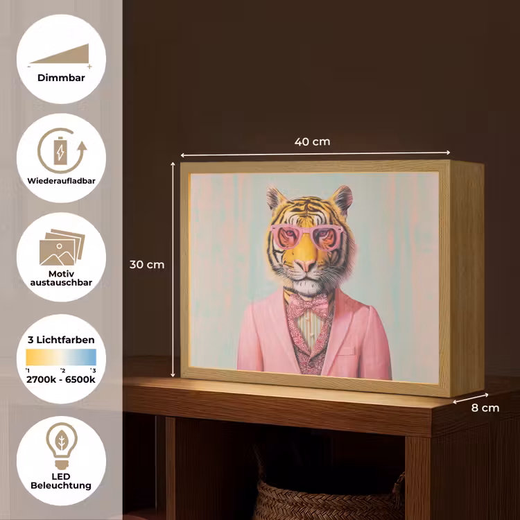 Tijger - Strik - Jasje - Roze Light Box met batterij (Wandlamp) middel -USP_websiteoverzichtDE