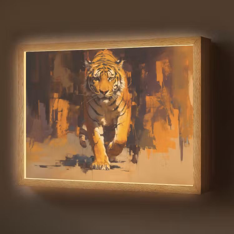 Tijger - Geschilderd - Oranje - Penseelstreken Light Box met batterij (Wandlamp) middel -z3d_website