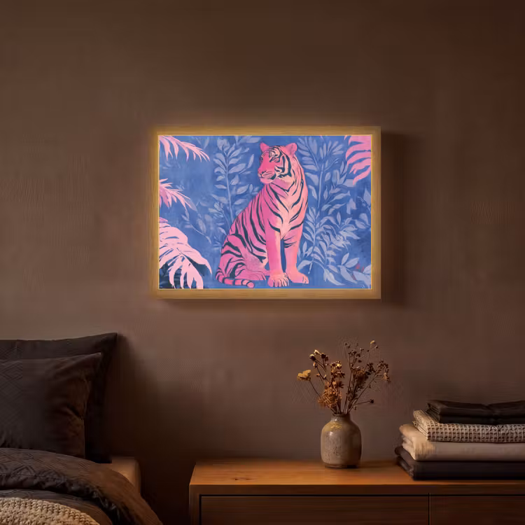 Tijger - Roze - Bladeren - Jungle Light Box met batterij (Wandlamp) middel -sfeer4