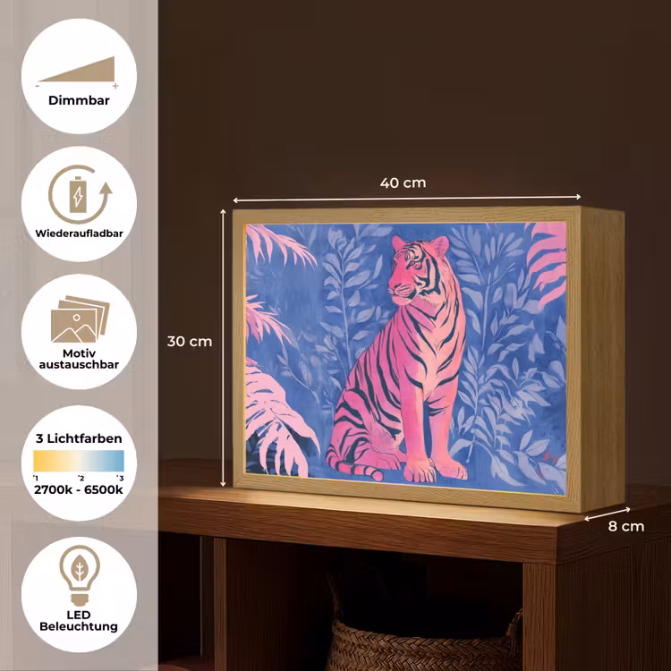 Tijger - Roze - Bladeren - Jungle Light Box met batterij (Wandlamp) middel -USP_websiteoverzichtDE