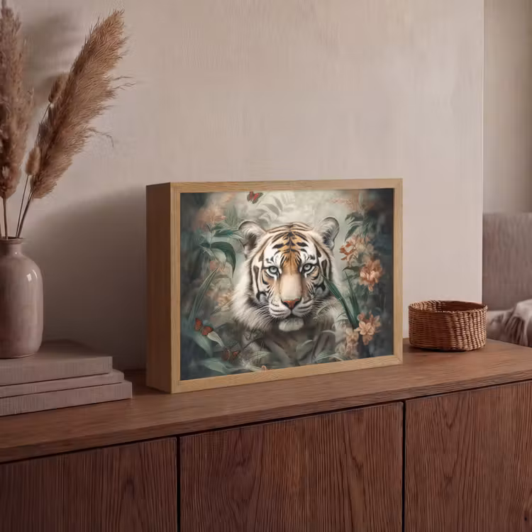 Tijger - Vlinders - Dieren - Jungle - Bloemen Light Box met batterij (Wandlamp) middel -sfeer2