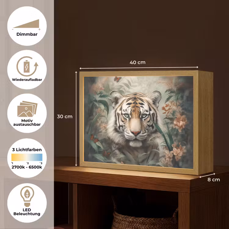 Tijger - Vlinders - Dieren - Jungle - Bloemen Light Box met batterij (Wandlamp) middel -USP_websiteoverzichtDE