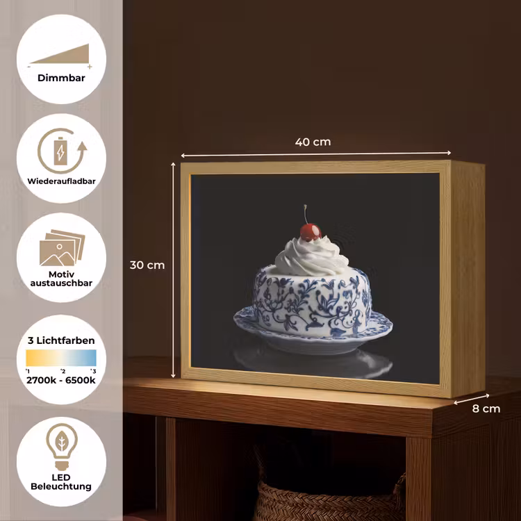 Taart - Slagroom - Kers - Bord - Delfts blauw Light Box met batterij (Wandlamp) middel -USP_websiteoverzichtDE