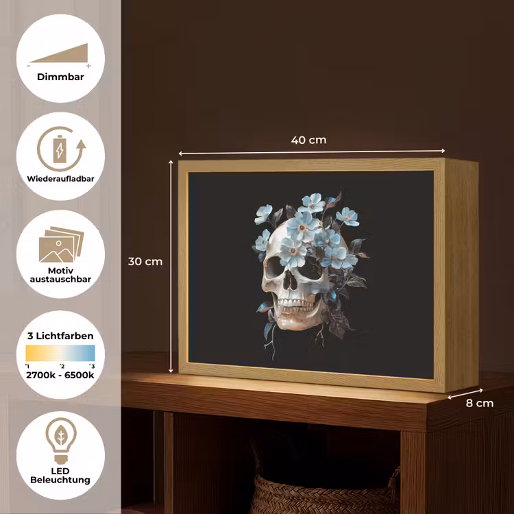 Schedel - Blauw - Bloemen - Bladeren Light Box met batterij (Wandlamp) middel -USP_websiteoverzichtDE