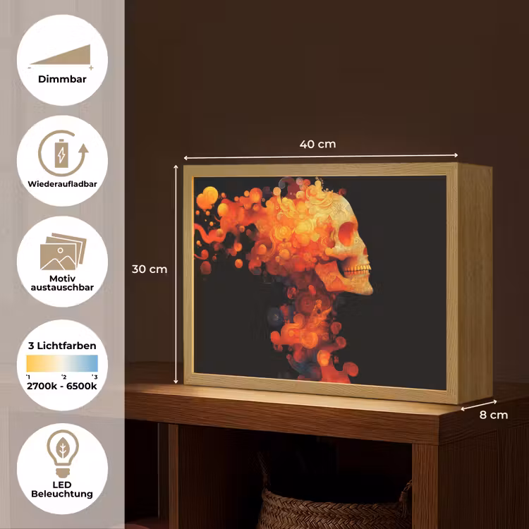 Schedel - Oranje - Zijaanzicht - Vlammen Light Box met batterij (Wandlamp) middel -USP_websiteoverzichtDE