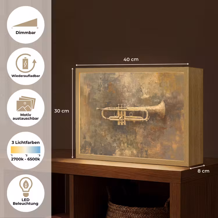 Trompet - Geel - Muzikaal Light Box met batterij (Wandlamp) middel -USP_websiteoverzichtDE