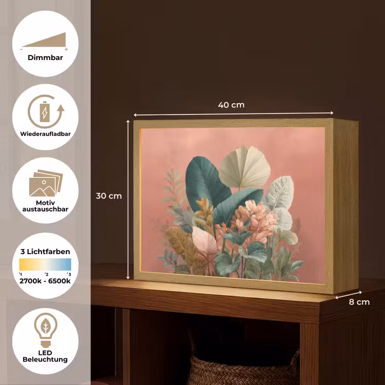Tropische bladeren - Bloemen - Roze - groen Light Box met batterij (Wandlamp) middel -USP_websiteoverzichtDE