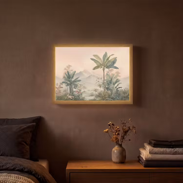 Tropisch landschap - palmbomen - Bloemen - Roze lucht Light Box met batterij (Wandlamp) middel -sfeer4