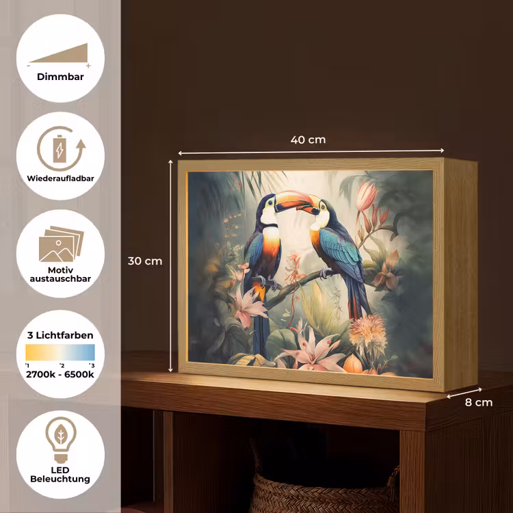Toekan - Vogels - Bloemen - Natuur - Jungle Light Box met batterij (Wandlamp) middel -USP_websiteoverzichtDE
