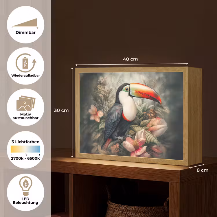 Toekan - Vogels - Bloemen - Planten - Tropisch Light Box met batterij (Wandlamp) middel -USP_websiteoverzichtDE