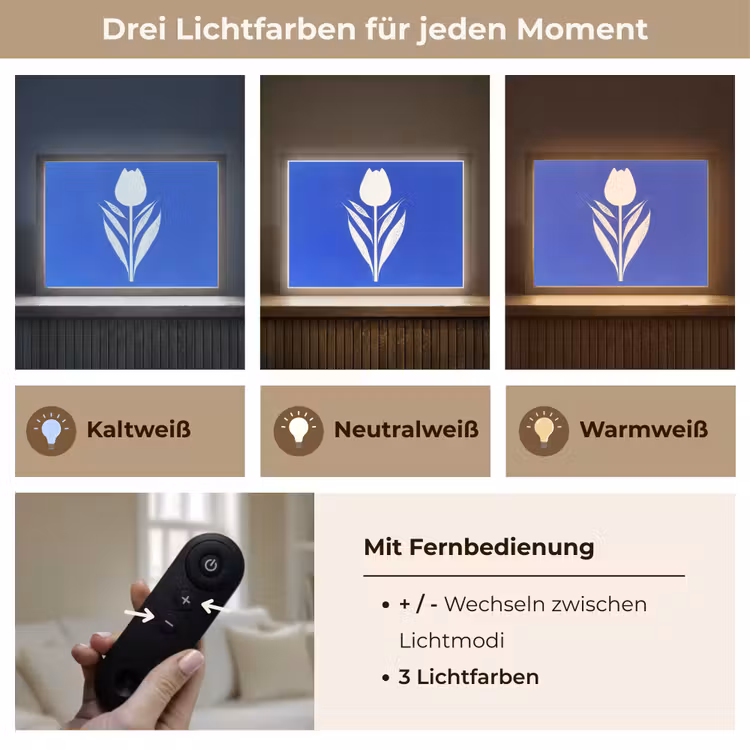 Tulp - Minimalistisch - Bladeren - Wit Light Box met batterij (Wandlamp) middel -USP_lichtkleurDE