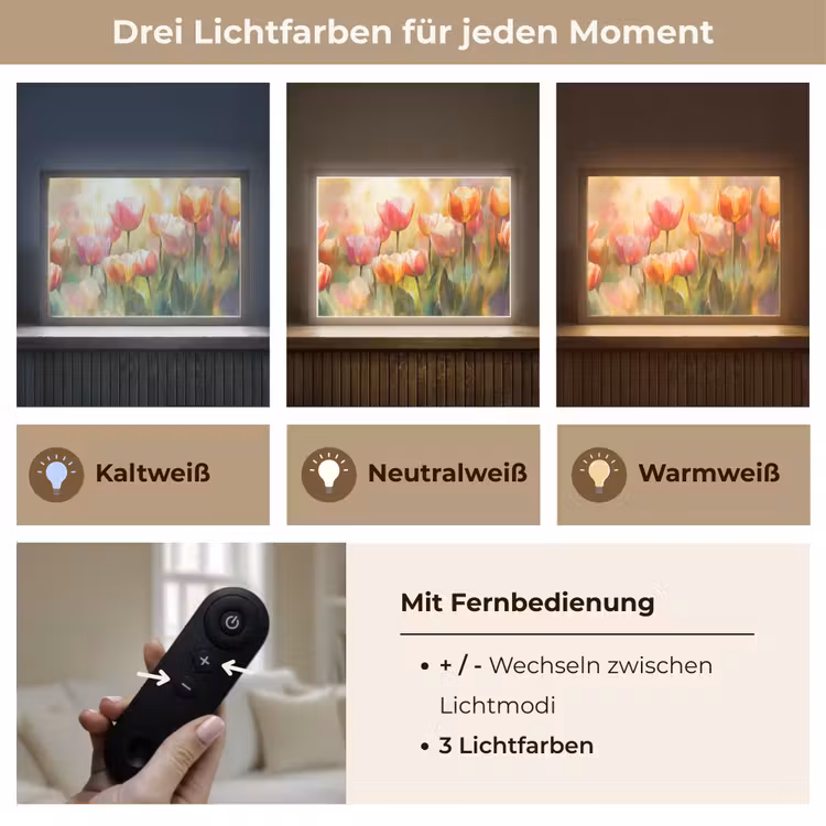 Tulpen - Sprookjesachtig - Kleurrijk Light Box met batterij (Wandlamp) middel -USP_lichtkleurDE
