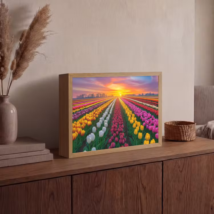 Tulpenveld - Zonsondergang - Kleurrijk Light Box met batterij (Wandlamp) middel -sfeer2