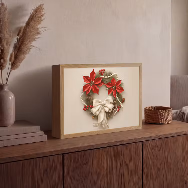 Deurkrans - Strik - Kerst - Rood - Groen Light Box met batterij (Wandlamp) middel -sfeer2