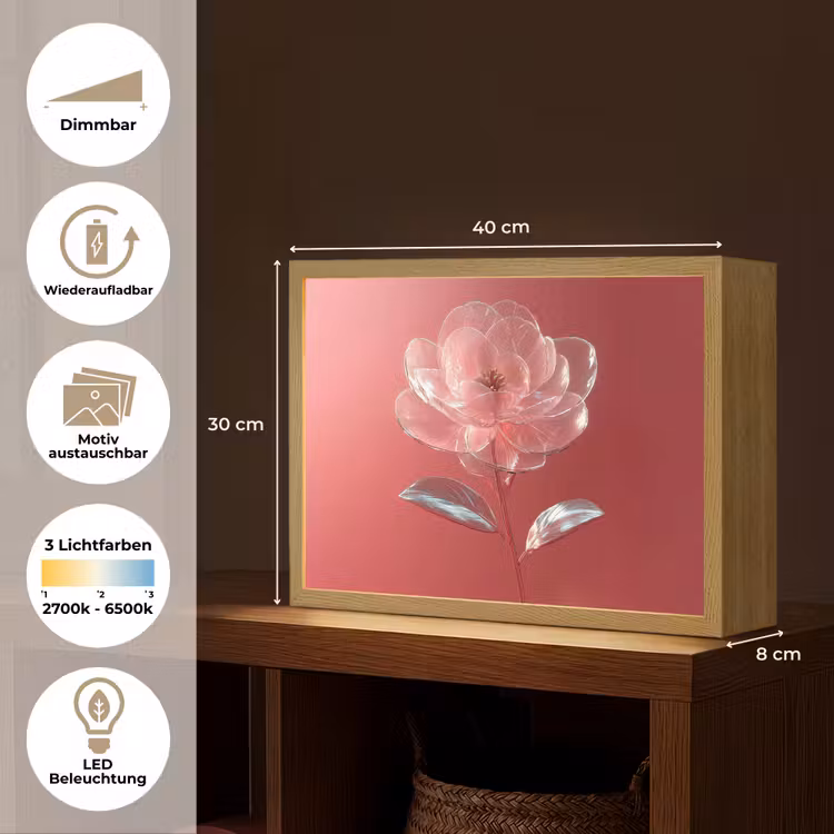 Sierlijk - Bloem - Roze - Glazen Light Box met batterij (Wandlamp) middel -USP_websiteoverzichtDE