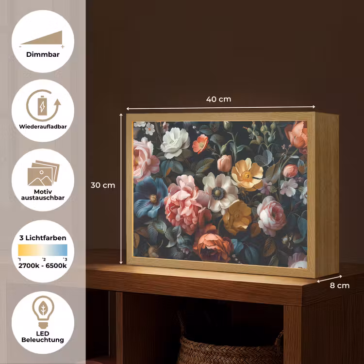 Vintage - Kleurrijk - Bloemen - Modern Light Box met batterij (Wandlamp) middel -USP_websiteoverzichtDE
