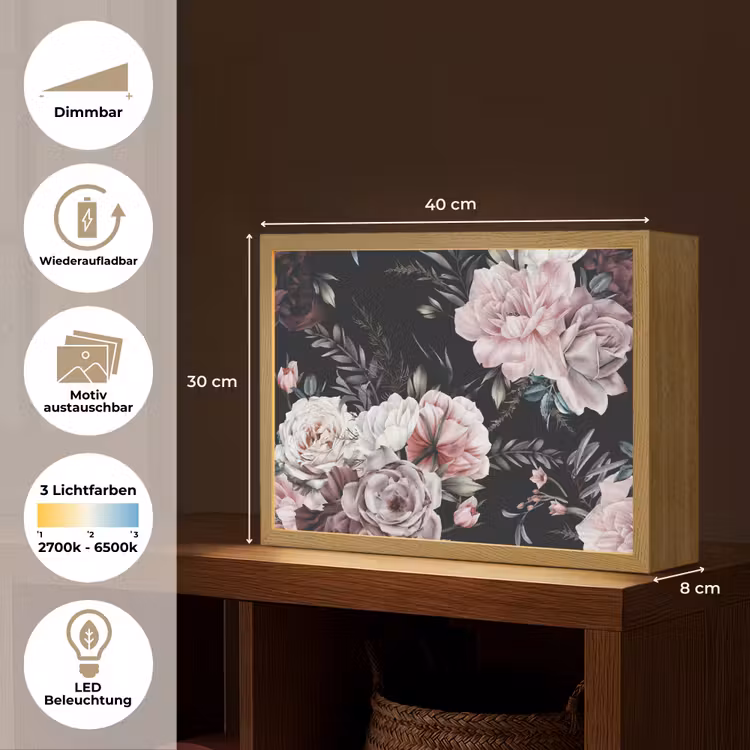Vintage - Rozen - Romantisch - Bloemen Light Box met batterij (Wandlamp) middel -USP_websiteoverzichtDE