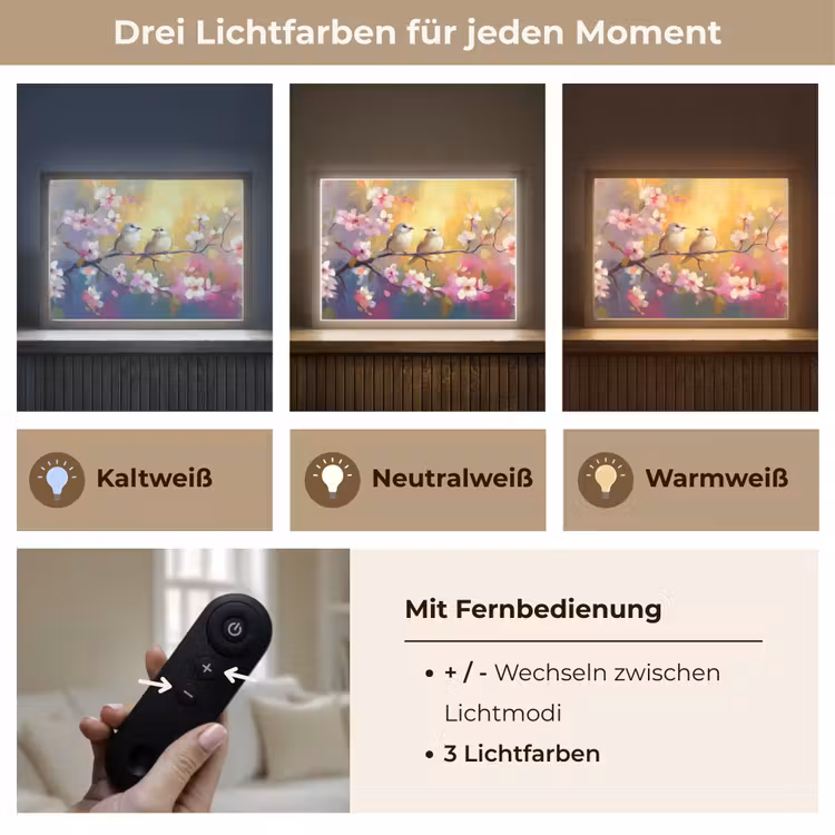 Vogels - Bloemen - Roze Light Box met batterij (Wandlamp) middel -USP_lichtkleurDE