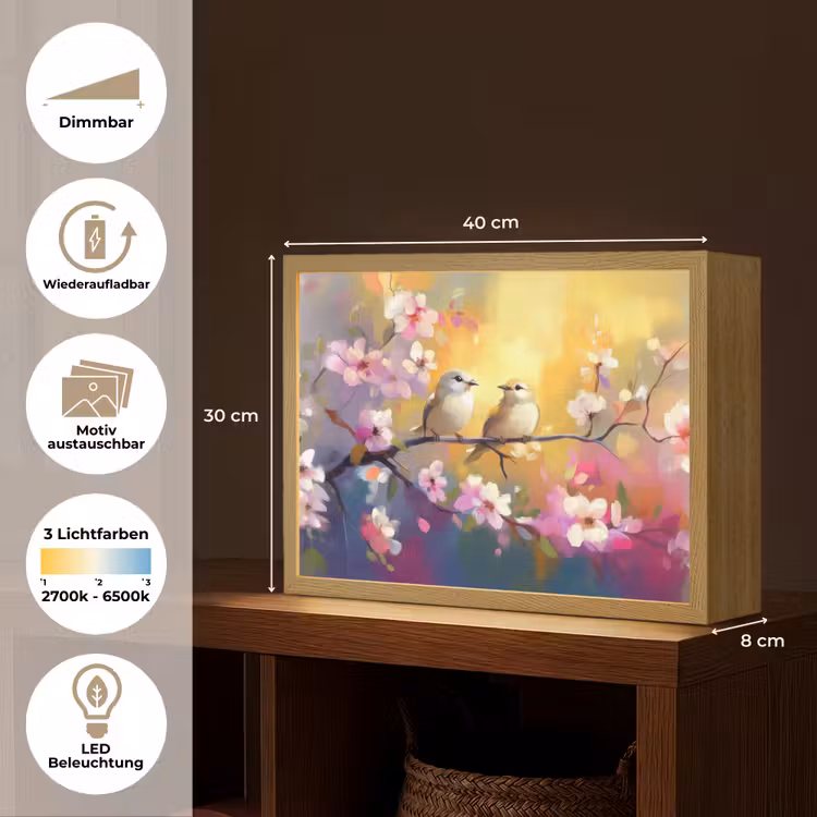 Vogels - Bloemen - Roze Light Box met batterij (Wandlamp) middel -USP_websiteoverzichtDE