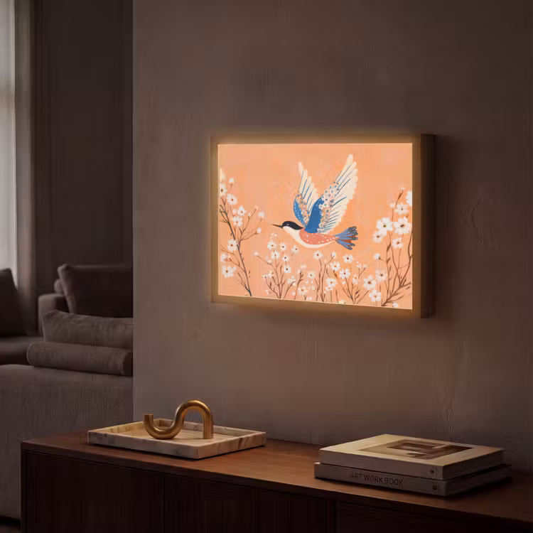 Vogel - Bloesemtakken - Warm - Kleurrijk Light Box met batterij (Wandlamp) middel -sfeer1