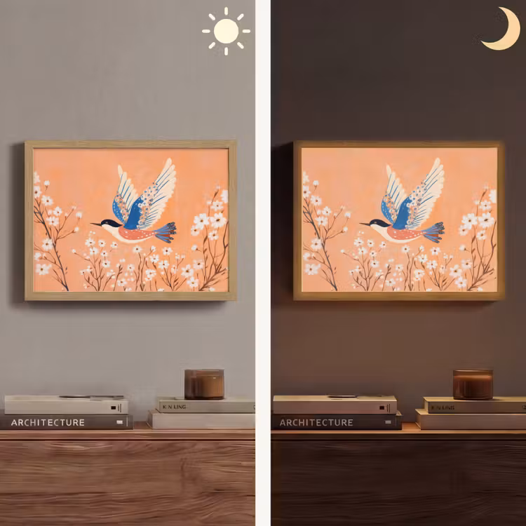 Vogel - Bloesemtakken - Warm - Kleurrijk Light Box met batterij (Wandlamp) middel -sfeer3
