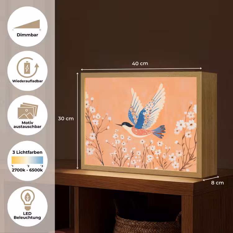 Vogel - Bloesemtakken - Warm - Kleurrijk Light Box met batterij (Wandlamp) middel -USP_websiteoverzichtDE