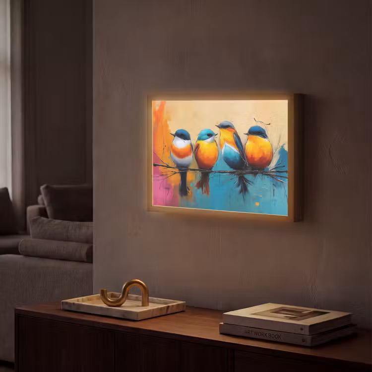 Vogels - Kleurrijk - Tak - Abstract Light Box met batterij (Wandlamp) middel -sfeer1