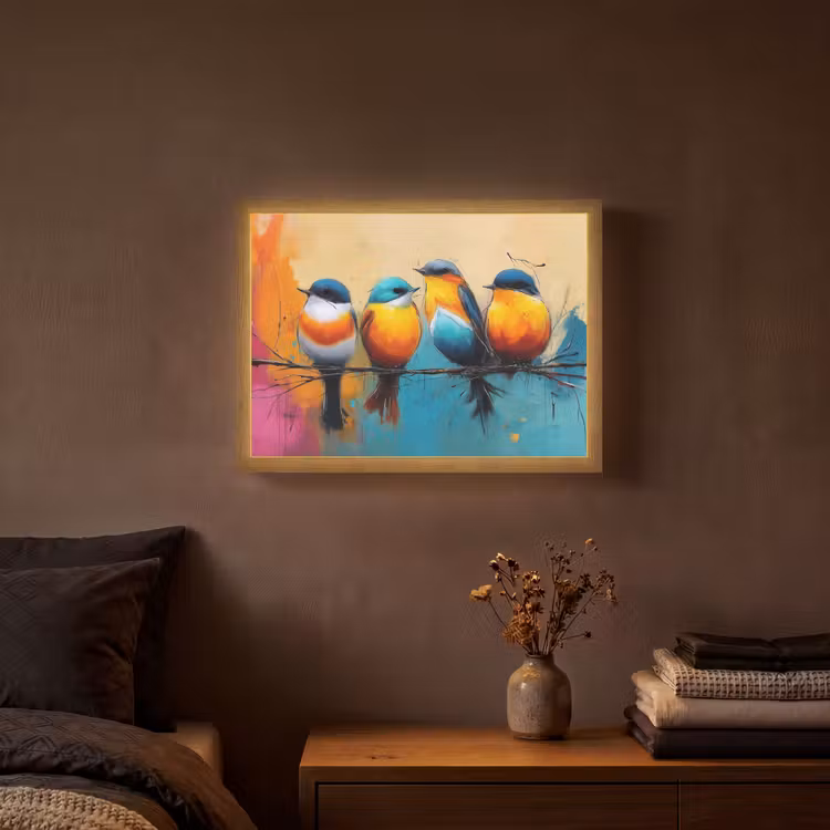 Vogels - Kleurrijk - Tak - Abstract Light Box met batterij (Wandlamp) middel -sfeer4