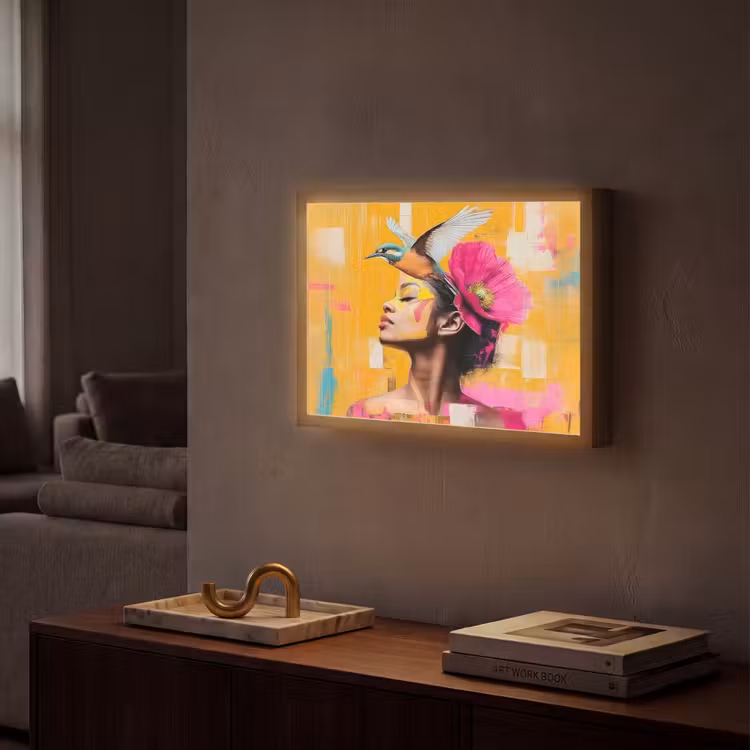 Vogel - Vrouw - Abstract - Bloem Light Box met batterij (Wandlamp) middel -sfeer1