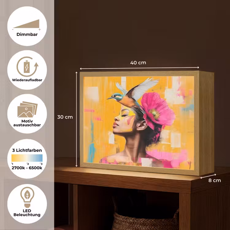 Vogel - Vrouw - Abstract - Bloem Light Box met batterij (Wandlamp) middel -USP_websiteoverzichtDE