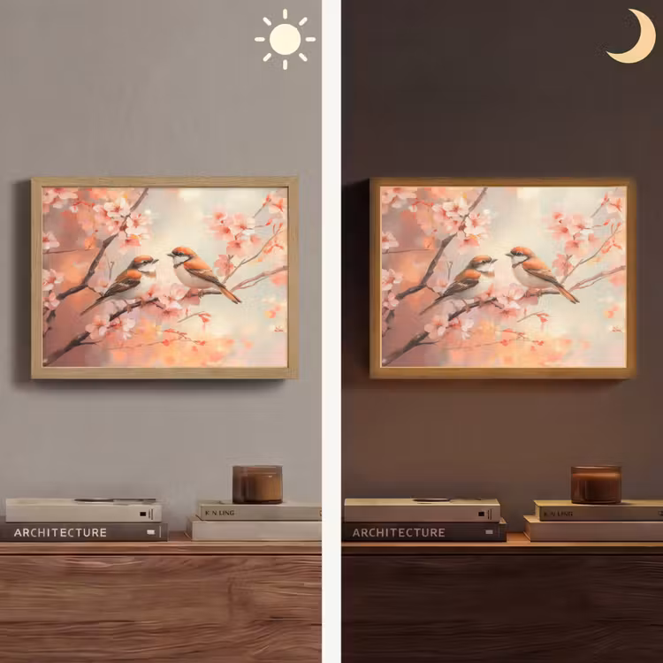 Vogels - Romantic - Bloesemtak Light Box met batterij (Wandlamp) middel -sfeer3