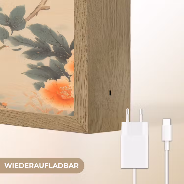 Vogel - Tak - Bloemen - Oranje Light Box met batterij (Wandlamp) middel -USP_websiteoplaadbaarDE