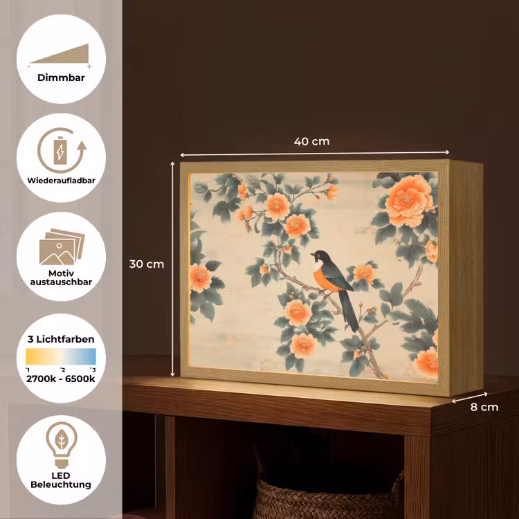 Vogel - Tak - Bloemen - Oranje Light Box met batterij (Wandlamp) middel -USP_websiteoverzichtDE