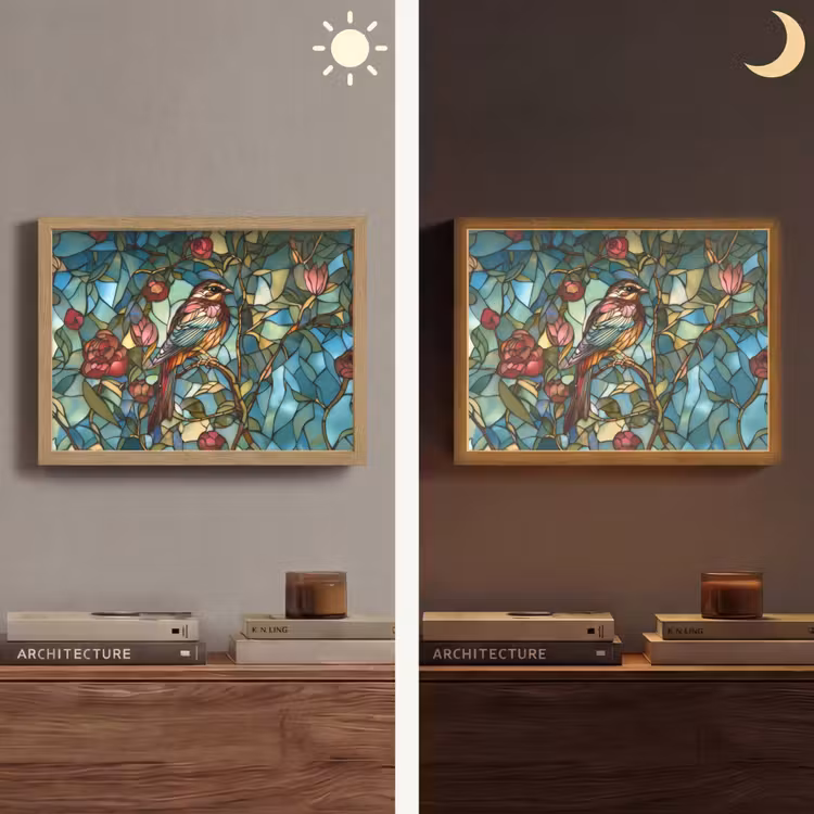 Vogel - Tak - Rozen - Mozaïek Light Box met batterij (Wandlamp) middel -sfeer3