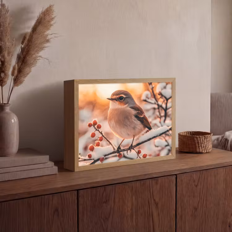 Vogel - Tak - Winter - Dieren - Sneeuw Light Box met batterij (Wandlamp) middel -sfeer2