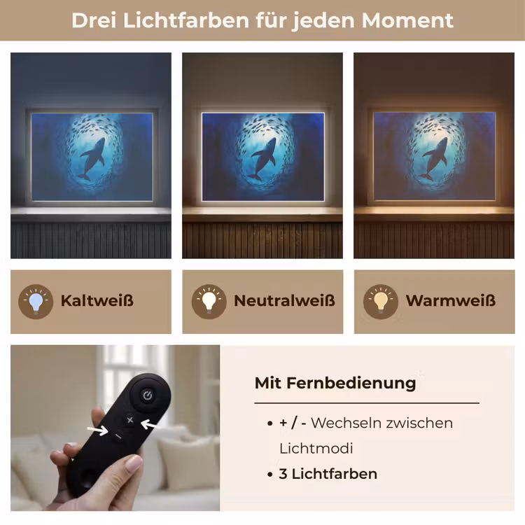 Walvis - Vissen - Donkerblauw Light Box met batterij (Wandlamp) middel -USP_lichtkleurDE